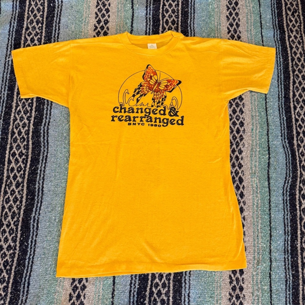 Vintage 1980 UTo Sportswear Butterfly Graphic T-Shirt Yellow Large 70s Style